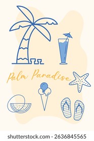 Palm Doodle Elements, Palm Paradise Slogan, Seashell, Palm Tree Summer Beach Tshirt Print Design