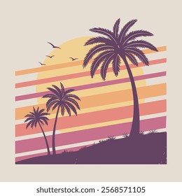 Palm Dreams: A Retro Sunset Escape. Tropical beach sunset with retro aesthetic vibes.