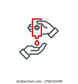 palm with a drop of antiseptic single line icon isolated on white. Perfect outline symbol disinfect hands Coronavirus Covid 19 banner. disinfection hands design element with editable Stroke line