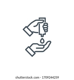 palm with a drop of antiseptic single line icon isolated on white. Perfect outline symbol disinfect hands Coronavirus Covid 19 banner. disinfection hands design element with editable Stroke line