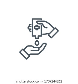 palm with a drop of antiseptic single line icon isolated on white. Perfect outline symbol disinfect hands Coronavirus Covid 19 banner. disinfection hands design element with editable Stroke line