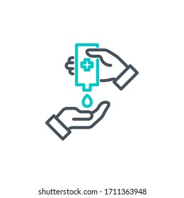 palm with a drop of antiseptic single line icon isolated on white. Perfect outline symbol disinfect hands Coronavirus Covid 19 banner. disinfection hands design element with editable Stroke line