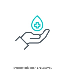 palm with a drop of antiseptic single line icon isolated on white. Perfect outline symbol disinfect hands Coronavirus Covid 19 banner. disinfection hands design element with editable Stroke line