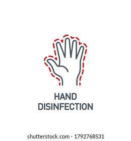 palm with a drop of antiseptic single line icon isolated on white. Perfect outline symbol disinfect hands Coronavirus Covid 19 banner. disinfection hands design element with editable Stroke line