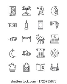 conjunto de iconos de mubarak de palma y EID sobre fondo blanco, estilo de línea, ilustración vectorial