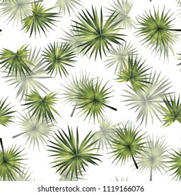 Palm Exotic Seamless Pattern. Green White Tropical Summer Background. Beach Jungle Leaves for Swimwear Design. Lei Rapport. Retro Hawaiian Print. Tropic Textile Texture.  Botanic tiling.