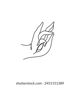 Palm with eye, continuous line drawing, tattoo, masonic symbol, all seeing eye on palm, symbol magic, spiritualism, religion, astrology.  Isolated vector illustration.