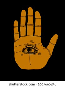 Palm with eye in it. Occult magic symbol. Vintage vector illustration.