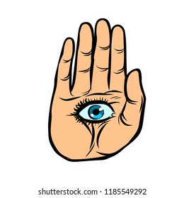 palm with eye, observation and spiritualism. Pop art retro vector illustration vintage kitsch