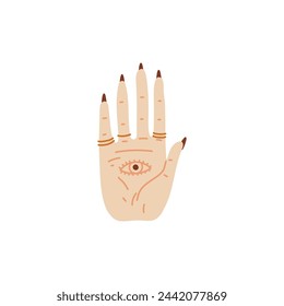 Palm with an eye symbol and decorative marks. Vector illustration for mysticism, spirituality, and esoteric themes.