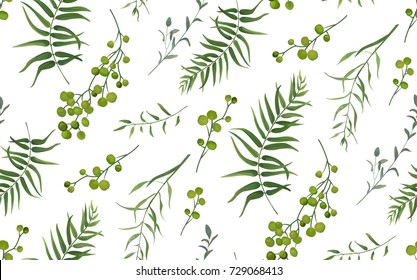 Palm fern different tree foliage natural branches with green leaves seeds berries tropical seamless pattern, watercolor style. Vector decorative beautiful cute elegant illustration on white background