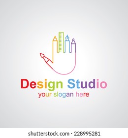 Palm with fingers from art tools vector logo template, icon idea for design studio brand