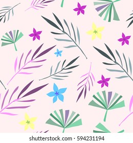 Palm and flower leaves seamless pattern