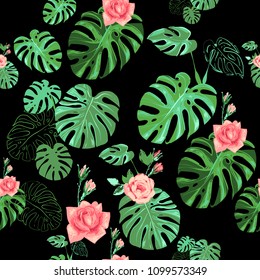 Palm foliage pattern. Tropical background with monstera leaves and flowers. Summer seamless pattern with tropic floral elements on white backdrop.