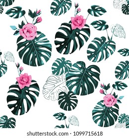 Palm foliage pattern. Tropical background with monstera leaves and flowers. Summer seamless pattern with tropic floral elements on white backdrop.