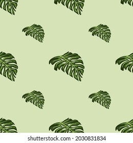 Palm foliage seamless pattern with minimalistic green monstera leaves print. Pastel background. Vector illustration for seasonal textile prints, fabric, banners, backdrops and wallpapers.