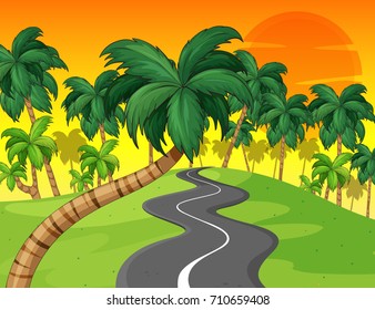 Bosque de palma e ilustración de carretera vacía