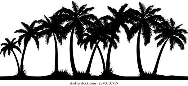 Palm forest treeline silhouette seamless border. vector illustration