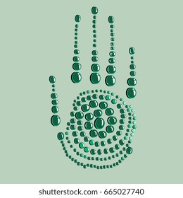 Palm formed with green cabochon gems or liquid drops. On a green background. 