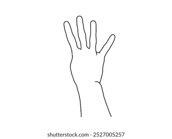 Palm with four fingers extended. Black and white drawing.