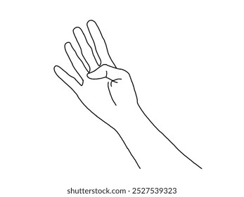 Palm with four fingers extended. Black and white drawing.