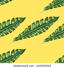 palm frond. Tropical leaves seamless pattern. Banana leaf background. Exotic design isolated. Hawaiian print. Jungle plants. Summer illustration.
