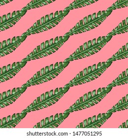 palm frond. Tropical leaves seamless pattern. Banana leaf background. Exotic design isolated. Hawaiian print. Jungle plants. Summer illustration.