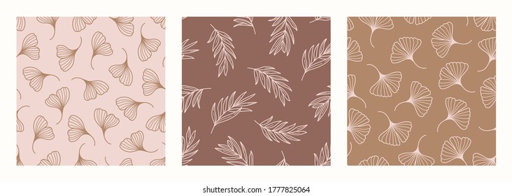 Palm and Ginkgo Biloba Leaves Seamless Pattern in a Trendy Minimal Style. Outline of a Tropical palm Background. Jungle Vector Ornament for printing on fabric, invitation, wrapping, wallpaper