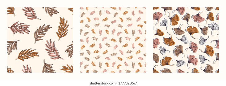 Palm and Ginkgo Biloba Leaves Seamless Pattern in a Trendy Minimal Style. Outline of a Tropical palm Background. Jungle Vector Ornament for printing on fabric, invitation, wrapping, wallpaper