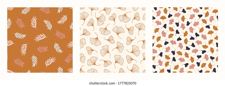 Palm and Ginkgo Biloba Leaves Seamless Pattern in a Trendy Minimal Style. Outline of a Tropical palm Background. Jungle Vector Ornament for printing on fabric, invitation, wrapping, wallpaper