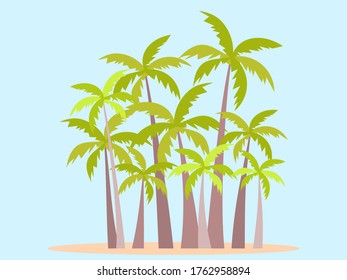 Palm grove. Palmeras tropicales de estilo plano. Antecedentes tipográficos para publicidad, postales, afiches y banner. Ilustración del vector