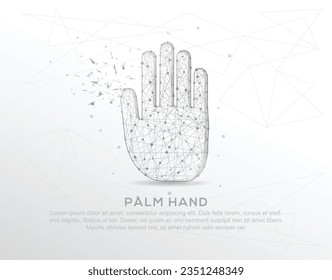 Palm hand abstract mash line and composition digitally drawn in the form of broken a part triangle shape and scattered dots low poly wire frame.