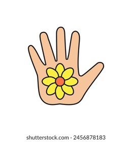Palma de una mano con una flor de capullo en el interior. Ilustración vectorial de color.
