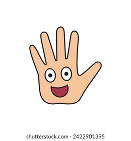 Palm of a hand with a cartoon laughing cheerful smiling face inside. Color vector illustration.
