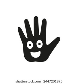 Palm of a hand with a cartoon laughing cheerful smiling face inside. Vector illustration.
