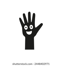 Palm of a hand with a cartoon laughing cheerful smiling face inside. Vector illustration.
