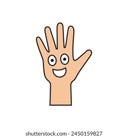 Palm of a hand with a cartoon laughing cheerful smiling face inside. Color vector illustration.
