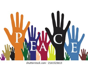 palm of the hand of different colors of people with inscription peace