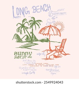 palm hand drawn Hand drawn art long Beach Vibes summer sunset beach graphic print , Summer vibes graphic print design for t shirt print. hand written font sea, palm tree, sun, sunset, wave, mountain 