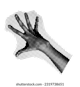 Palm hand with half tone effect. 90s vector illustration.