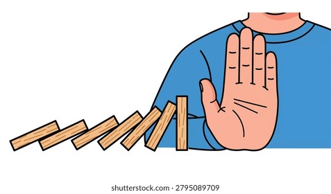 Palm of hand halting falling dominoes