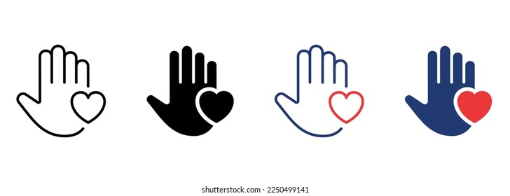 Palm of Hand and Heart Icon. Symbol of Volunteering Pictogram. Charity and Donation Concept. Shape of Heart and Hand Icon. Editable Stroke. Isolated Vector Illustration.