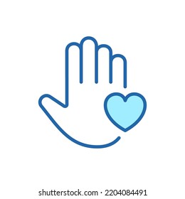 Palm of Hand and Heart Line Icon. Symbol of Volunteering Linear Pictogram. Charity and Donation Concept. Shape of Heart and Hand Outline Icon. Editable Stroke. Isolated Vector Illustration.