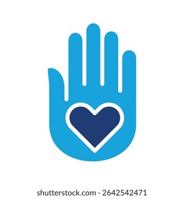 A palm hand with heart symbol icon. Charity and donation icon. Icon symbol of fund raising, humanity, philanthropy, compassion, help, love, care. Vector illustration