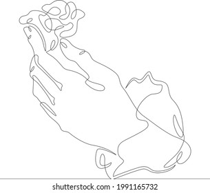 La mano de la palma sostiene un botón de flor.Una línea continua.Pétalos de flor.Un logotipo de línea de dibujo continua aisló una ilustración mínima.