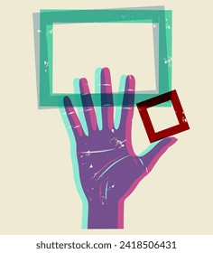 Palm hand with holding a rectangular frames in fingers in risograph style with transparent colors. Retro concept poster and banner. Vector illustration