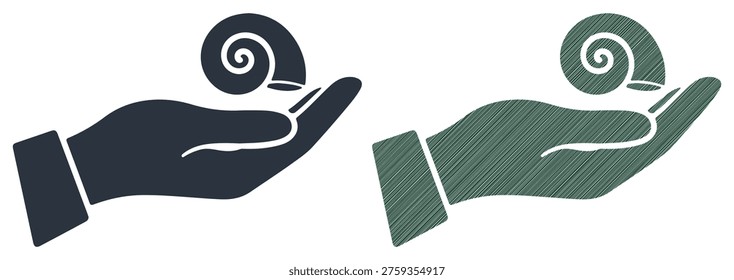 Palm of hand holding snail shell, symbol of slowness, patience, or growth