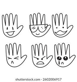palm hand with human cartoon face illustration in doodle cartoon