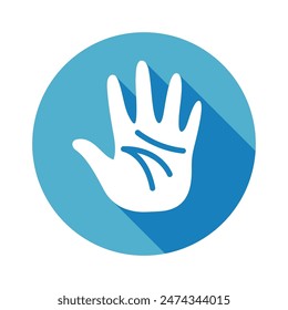 Palm hand icon design, human skin vector illustration, sense of touch, blue circle icon, flat design with long shadow