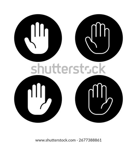 Palm hand icon set in black circle. Stop and attention gesture symbol